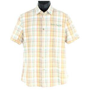 Guess Sz S Tan White Gold Orange Moss Plaid Slim Fit Logo Cotton Shirt
